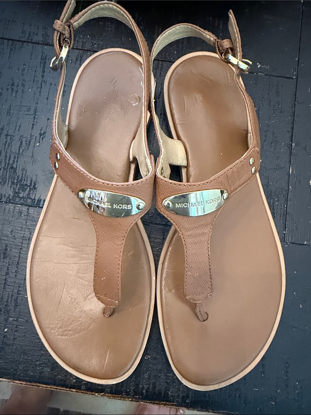 Michael Kors Cognac Leather T-Strap Sandals with Gold Accents